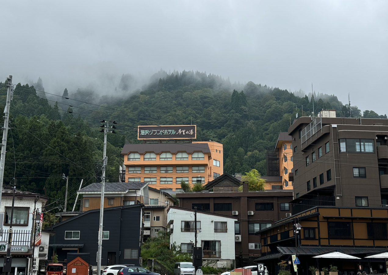 Small Japanese town and foggy mountains